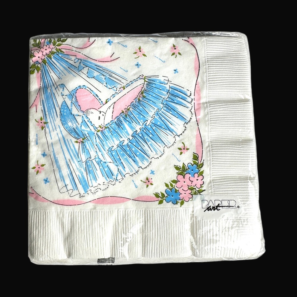 Vintage Paper Art Baby Shower Napkins 20 Count 3 Ply Blue Bassinet New Sealed